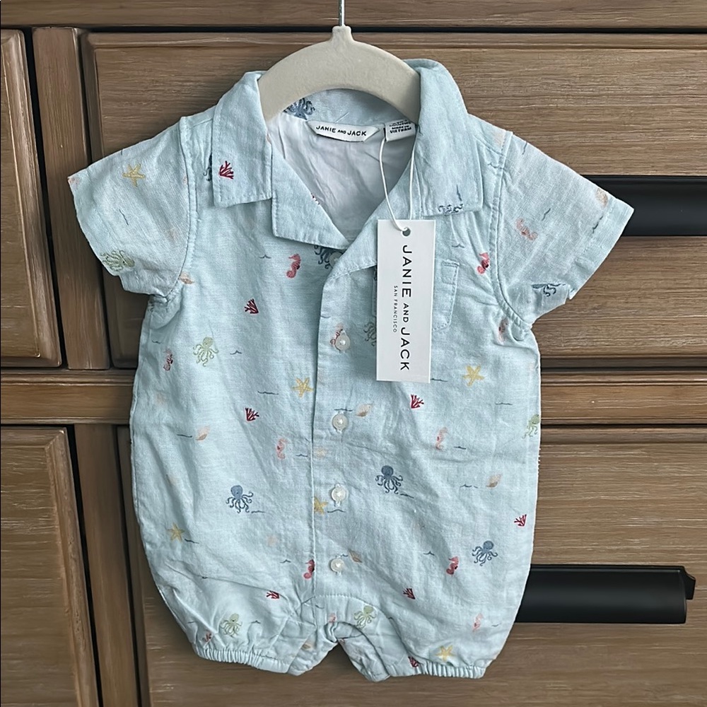 NWT Janie and Jack Light Blue Romper with Sea Life Design